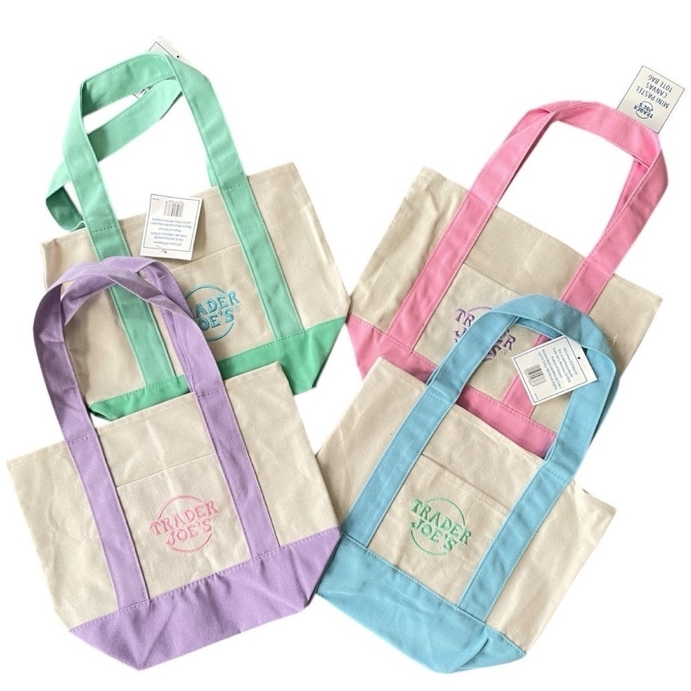 NEW NWT Trader Joe’s Set of 4 Mini Pastel Canvas Tote Bags Limited Edition